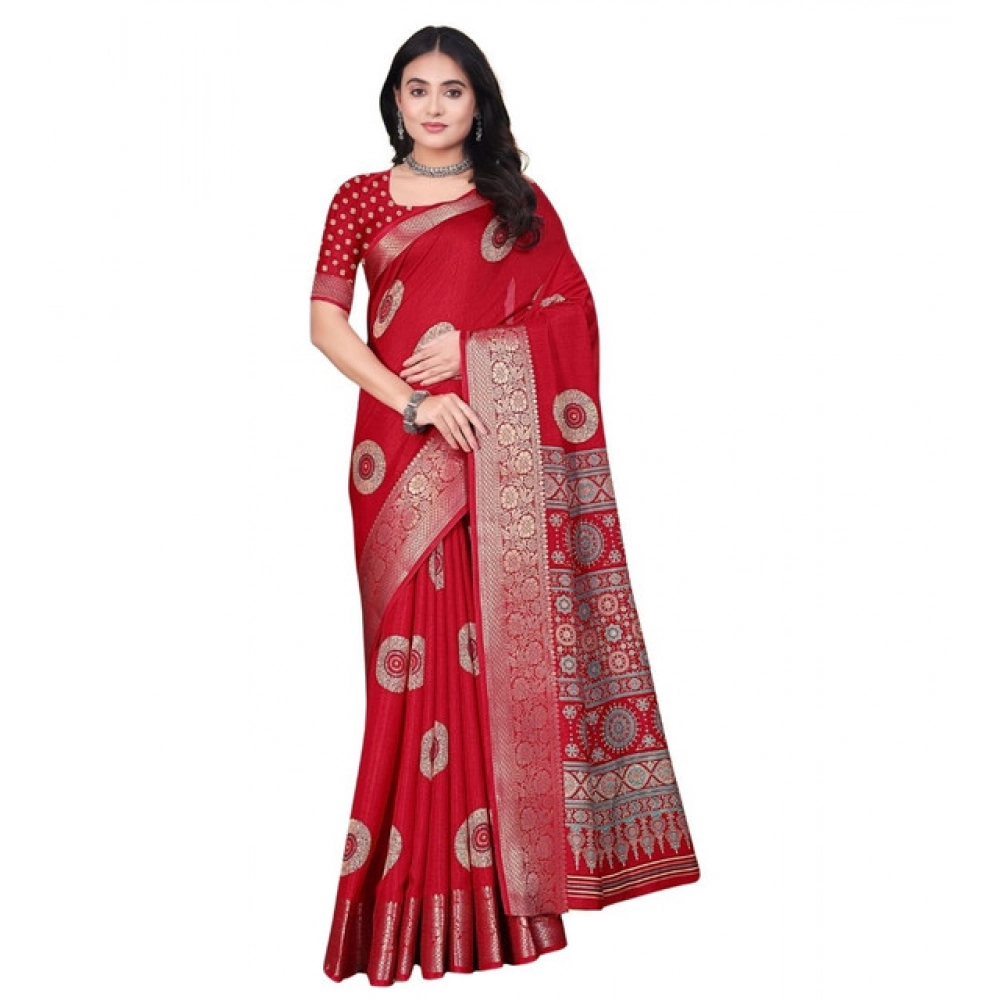 Women's Art Silk Printed Saree With Unstitched Blouse 5.5Mtr (Red) - Image 6