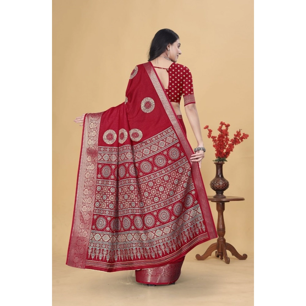 Women's Art Silk Printed Saree With Unstitched Blouse 5.5Mtr (Red) - Image 5