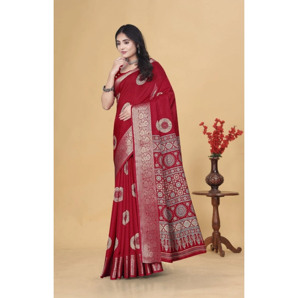Women's Art Silk Printed Saree With Unstitched Blouse 5.5Mtr (Red) - Image 4