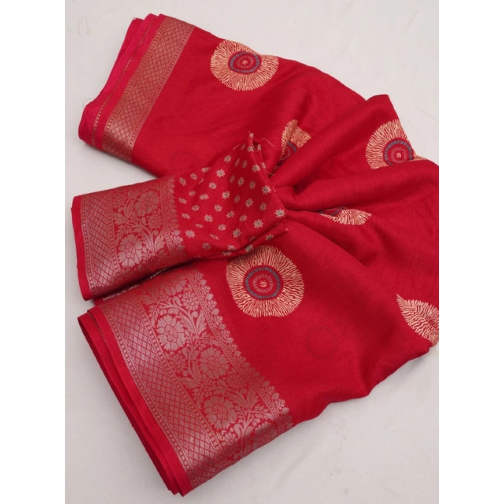 Women's Art Silk Printed Saree With Unstitched Blouse 5.5Mtr (Red) - Image 2