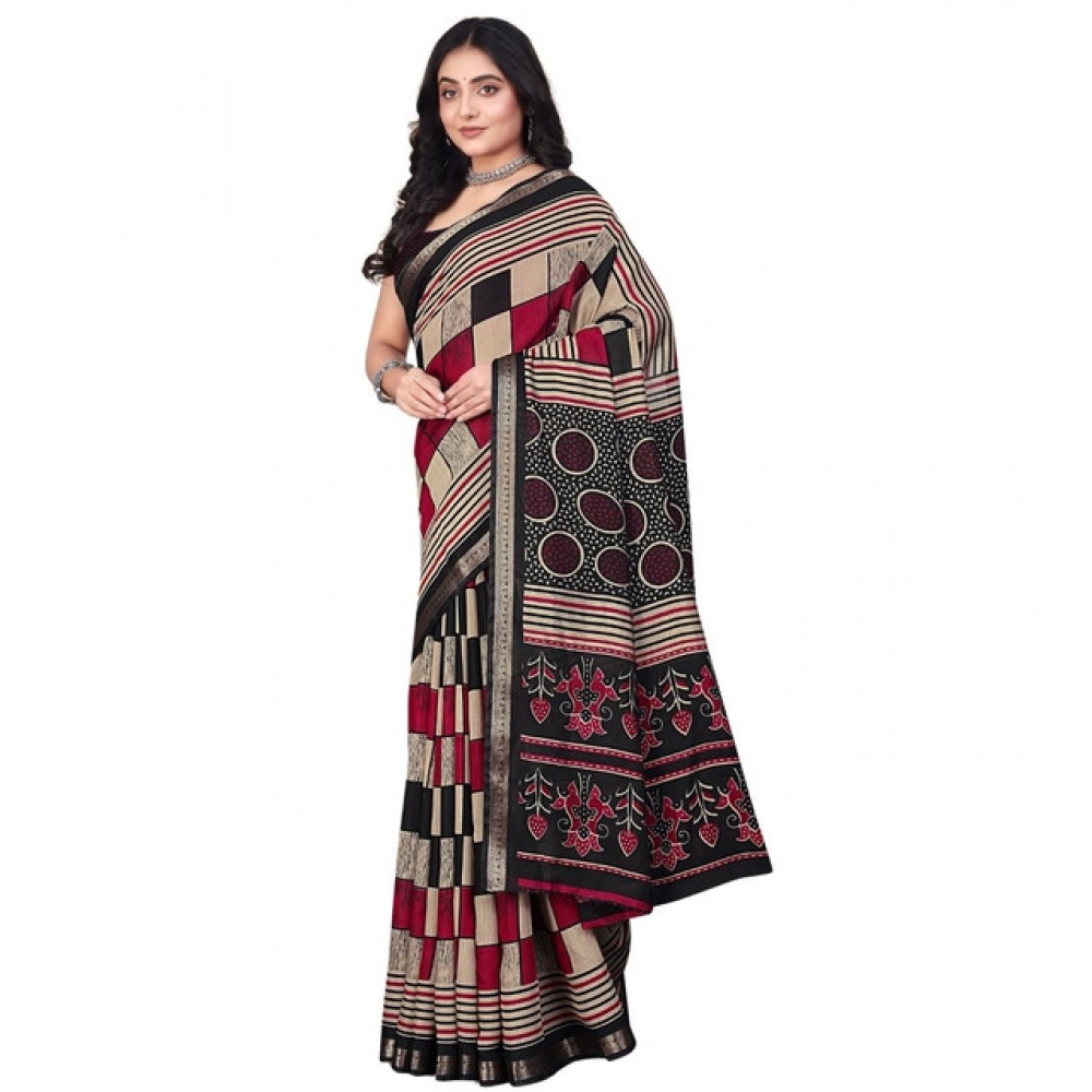 Women's Dupion Silk Block Printed Saree With Unstitched Blouse 5.5Mtr (Multicolor) - Image 5