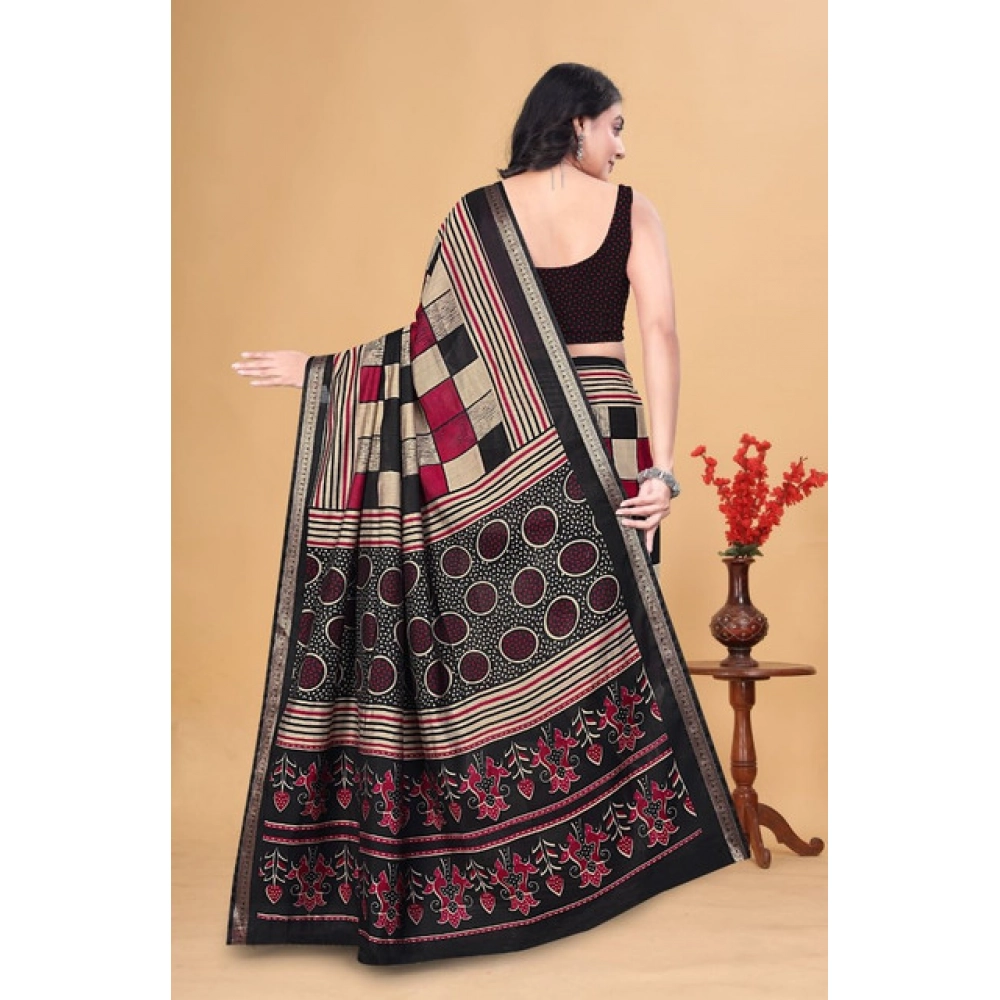 Women's Dupion Silk Block Printed Saree With Unstitched Blouse 5.5Mtr (Multicolor) - Image 4