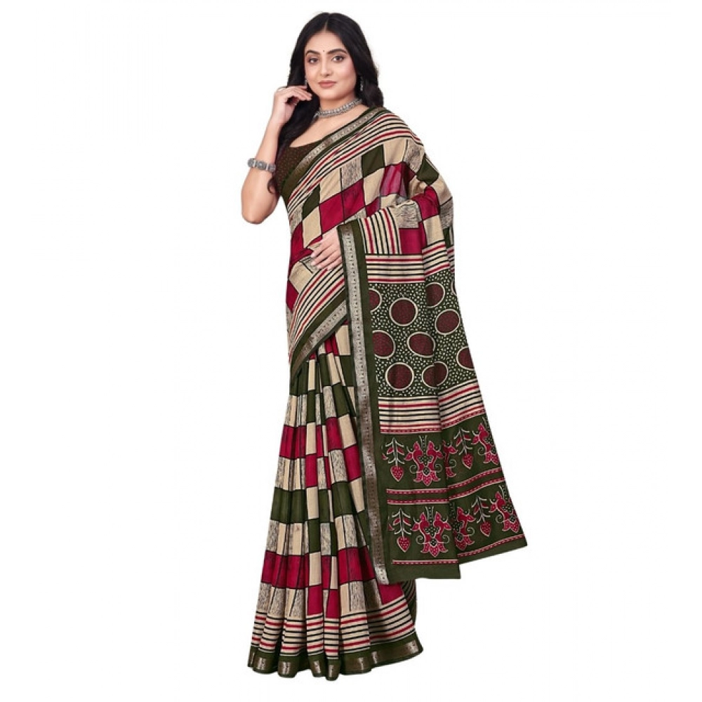Women's Dupion Silk Block Printed Saree With Unstitched Blouse 5.5Mtr (Multicolor) - Image 6