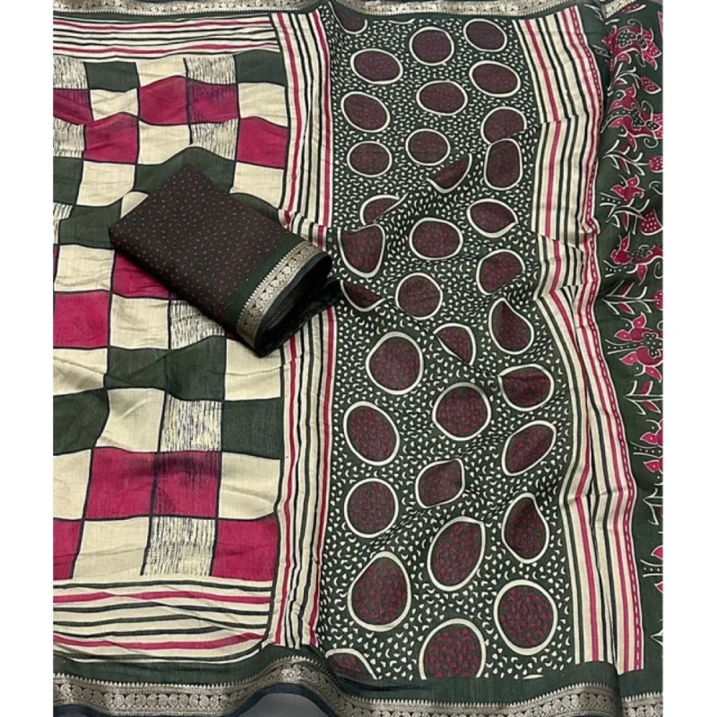 Alternative view of Women's Dupion Silk Block Printed Saree With Unstitched Blouse 5.5Mtr (Multicolor)