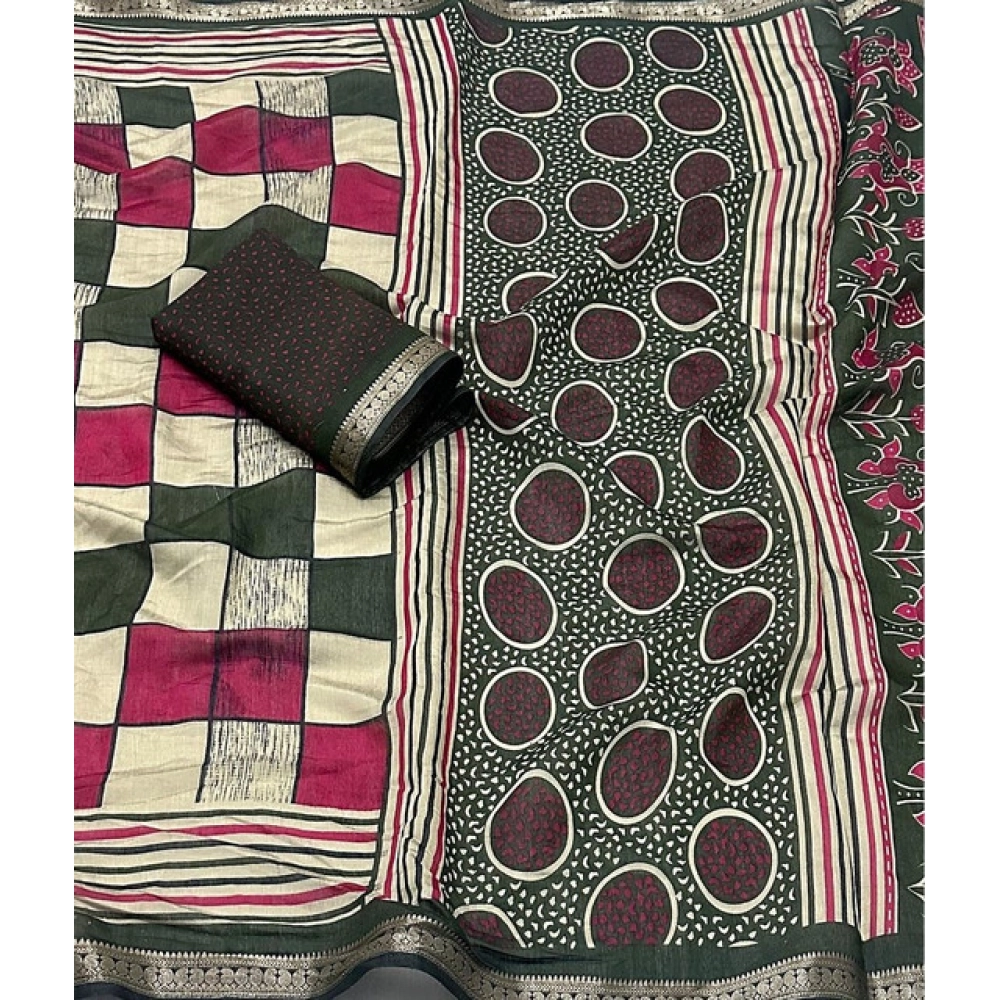 Women's Dupion Silk Block Printed Saree With Unstitched Blouse 5.5Mtr (Multicolor) - Image 2