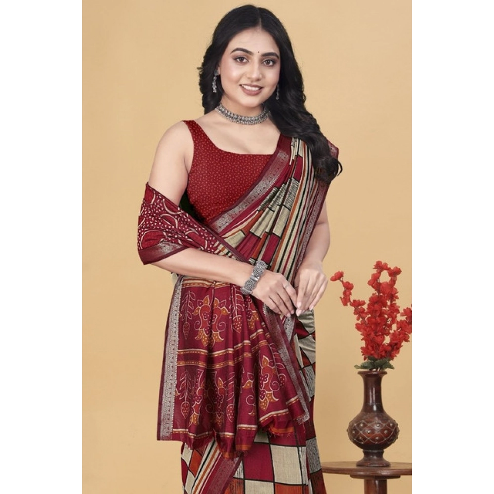 Women's Dupion Silk Block Printed Saree With Unstitched Blouse 5.5Mtr (Multicolor)
