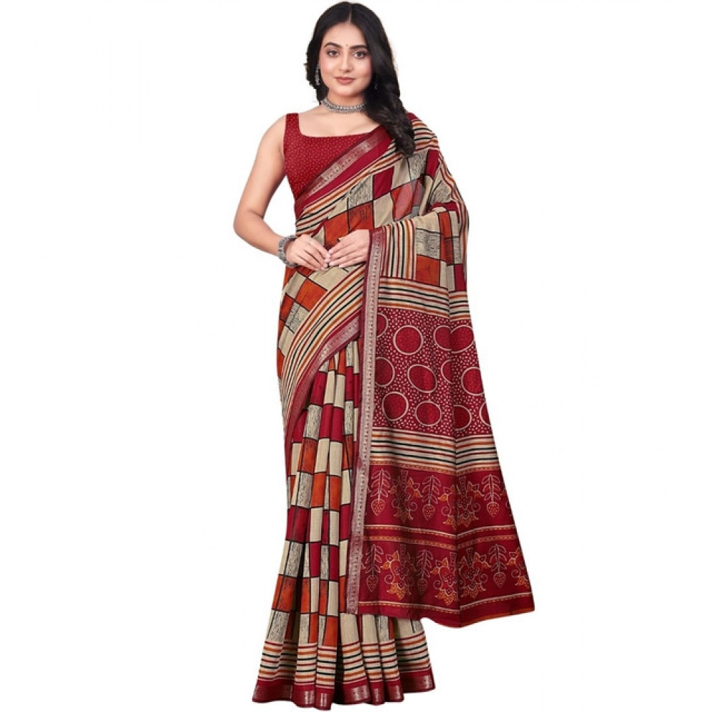 Women's Dupion Silk Block Printed Saree With Unstitched Blouse 5.5Mtr (Multicolor) - Image 6