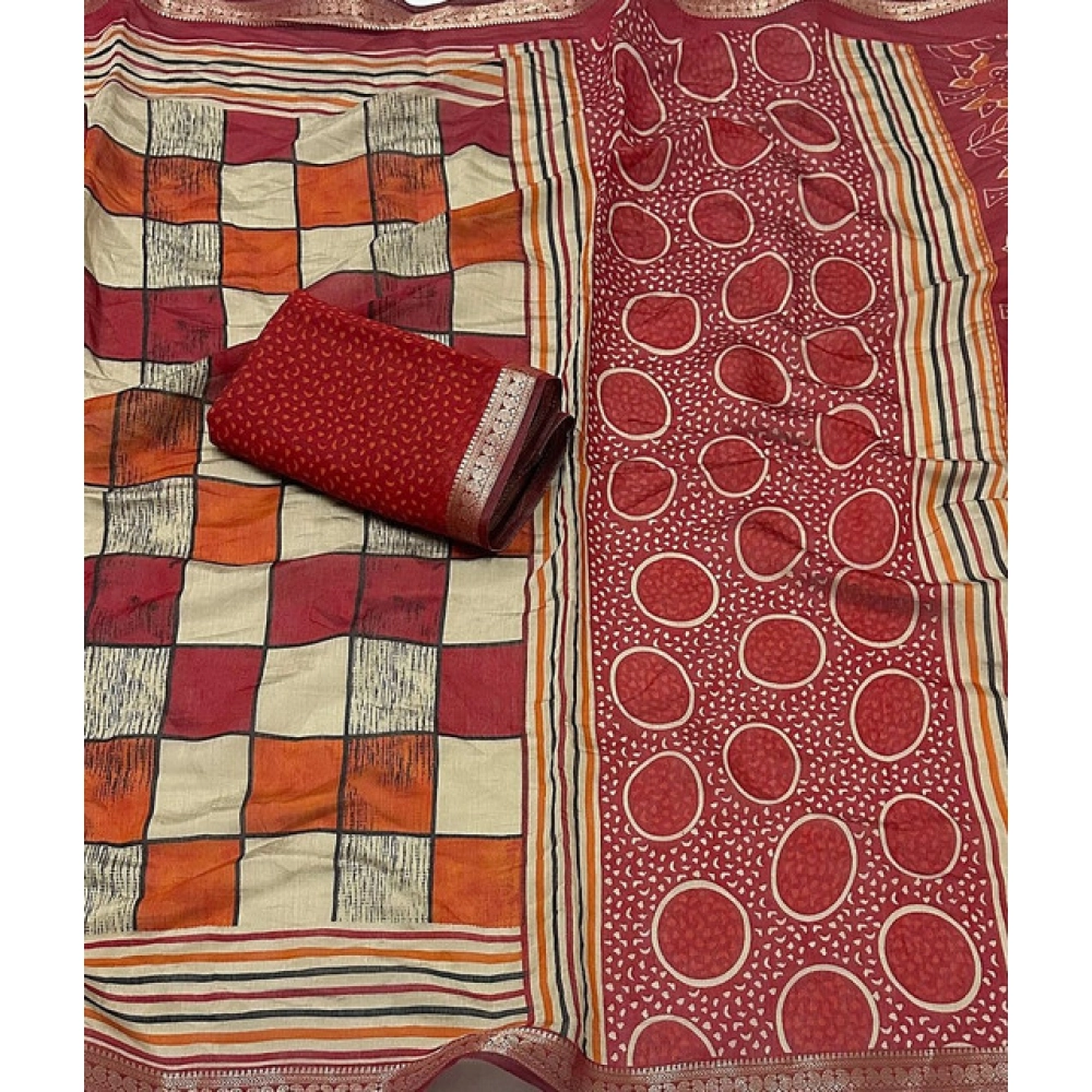 Women's Dupion Silk Block Printed Saree With Unstitched Blouse 5.5Mtr (Multicolor) - Image 4
