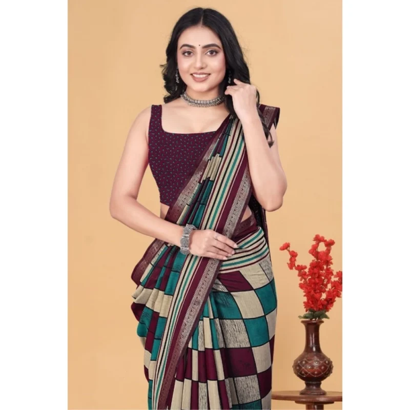 Women's Dupion Silk Block Printed Saree With Unstitched Blouse 5.5Mtr (Multicolor)