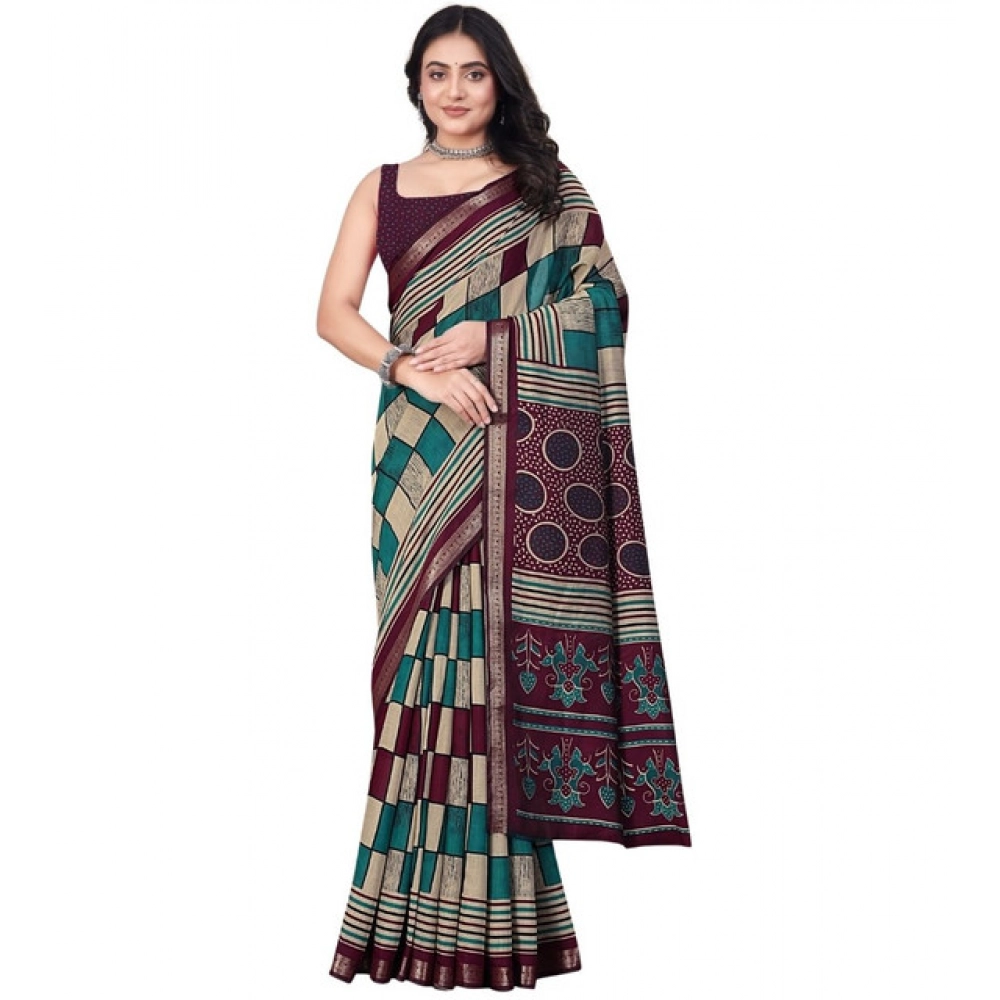 Women's Dupion Silk Block Printed Saree With Unstitched Blouse 5.5Mtr (Multicolor) - Image 6