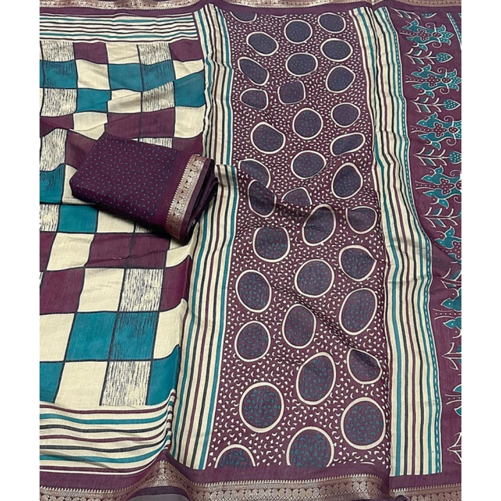 Women's Dupion Silk Block Printed Saree With Unstitched Blouse 5.5Mtr (Multicolor) - Image 4