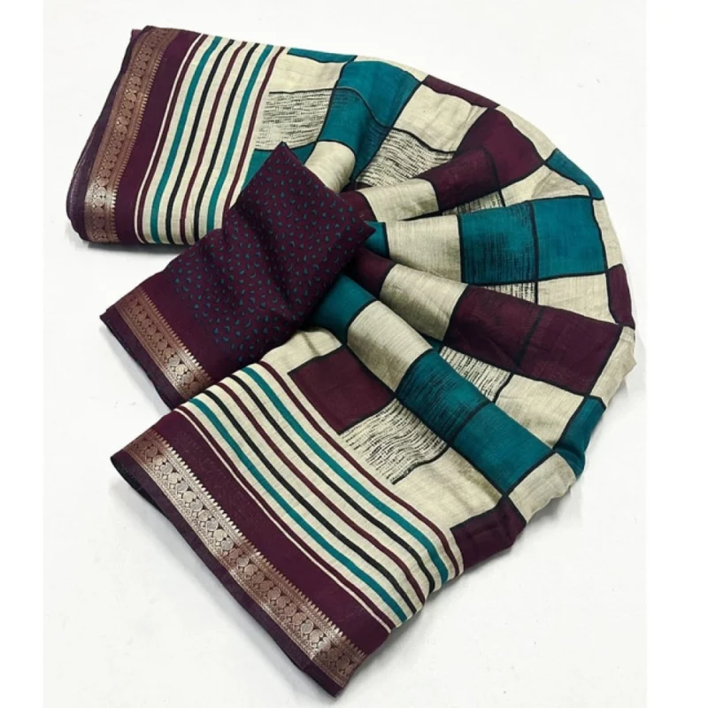Alternative view of Women's Dupion Silk Block Printed Saree With Unstitched Blouse 5.5Mtr (Multicolor)