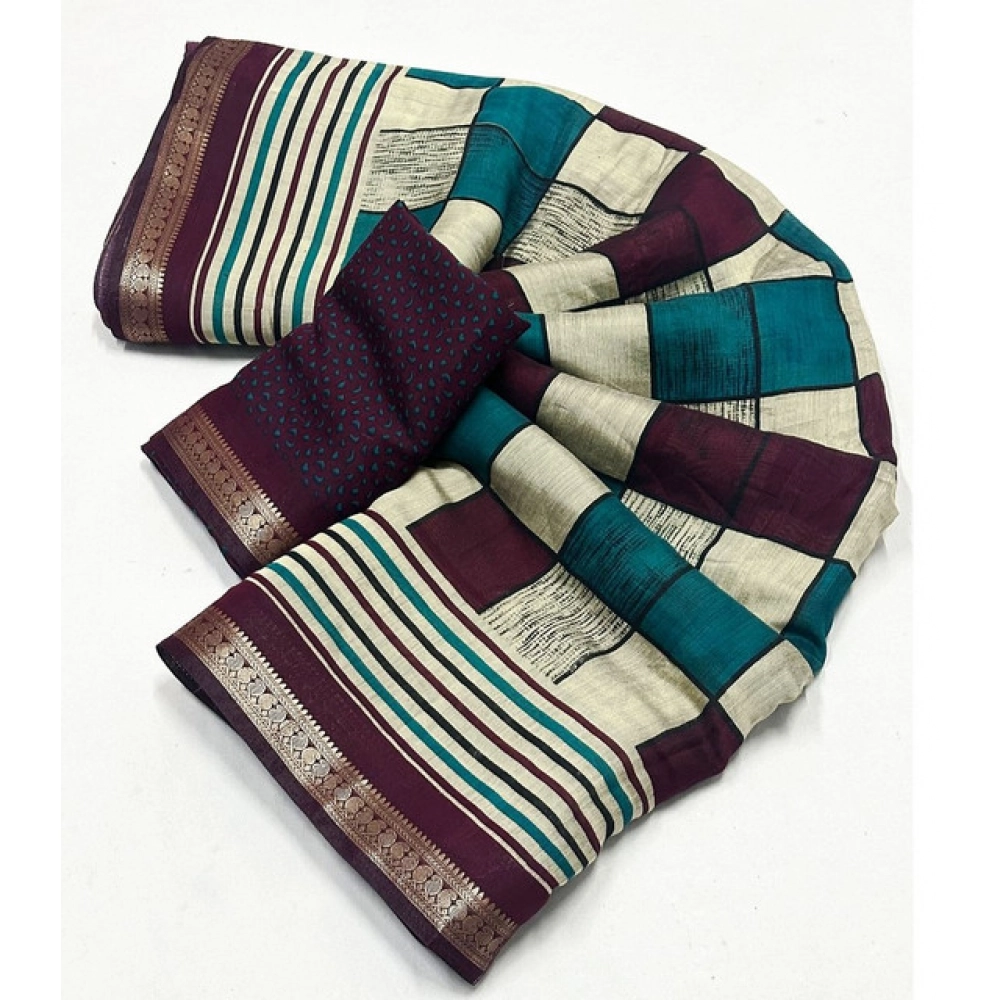 Women's Dupion Silk Block Printed Saree With Unstitched Blouse 5.5Mtr (Multicolor) - Image 2