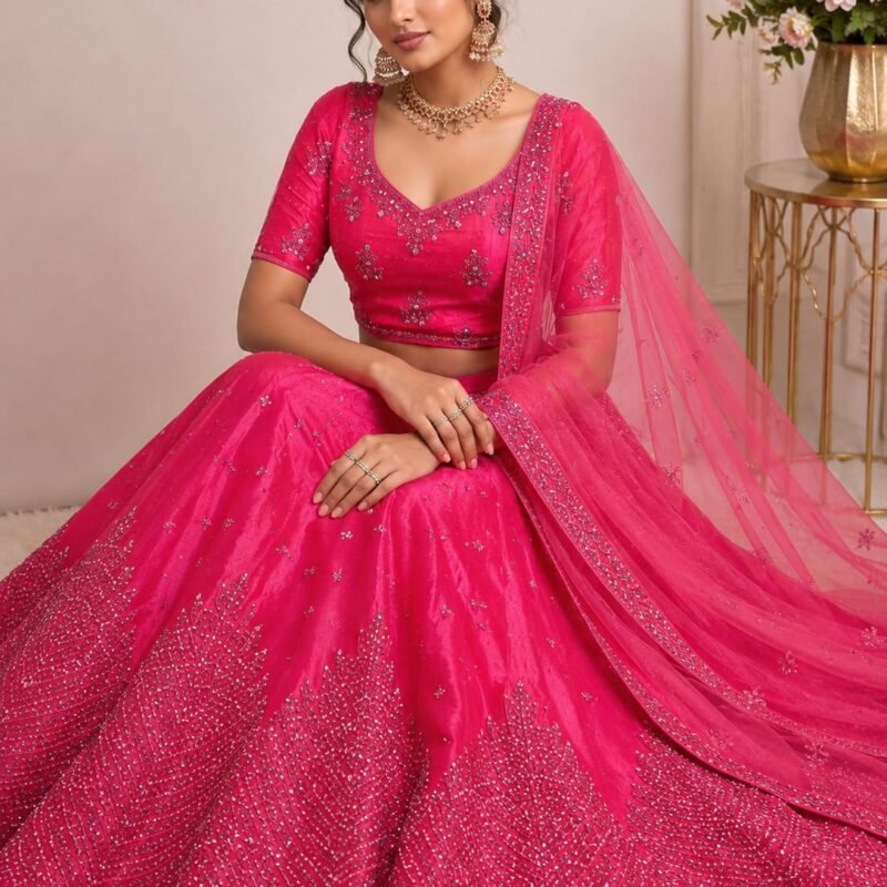 Women's Rani Pink Embroidered Net Silk Blend Lehenga Choli with Net Dupatta | Bridal, Wedding & Festive Wear - Image 4