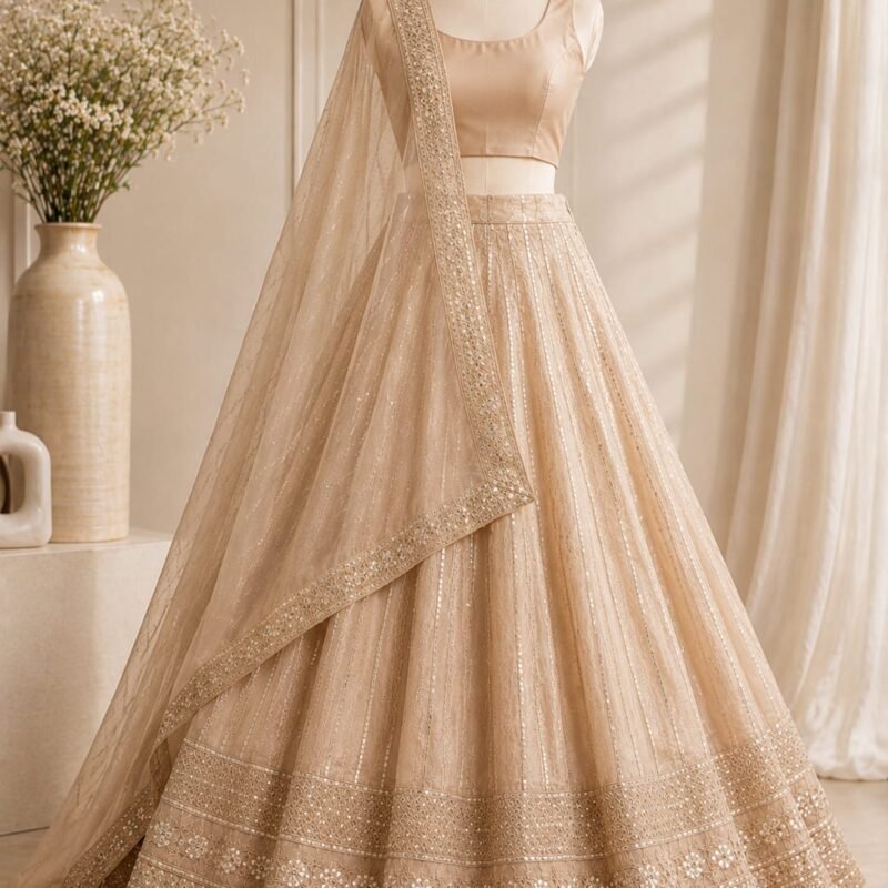 Luxury Golden Beige Sequins Embroidered Lehenga Choli Set with Net Dupatta – Wedding, Reception & Festive Wear
