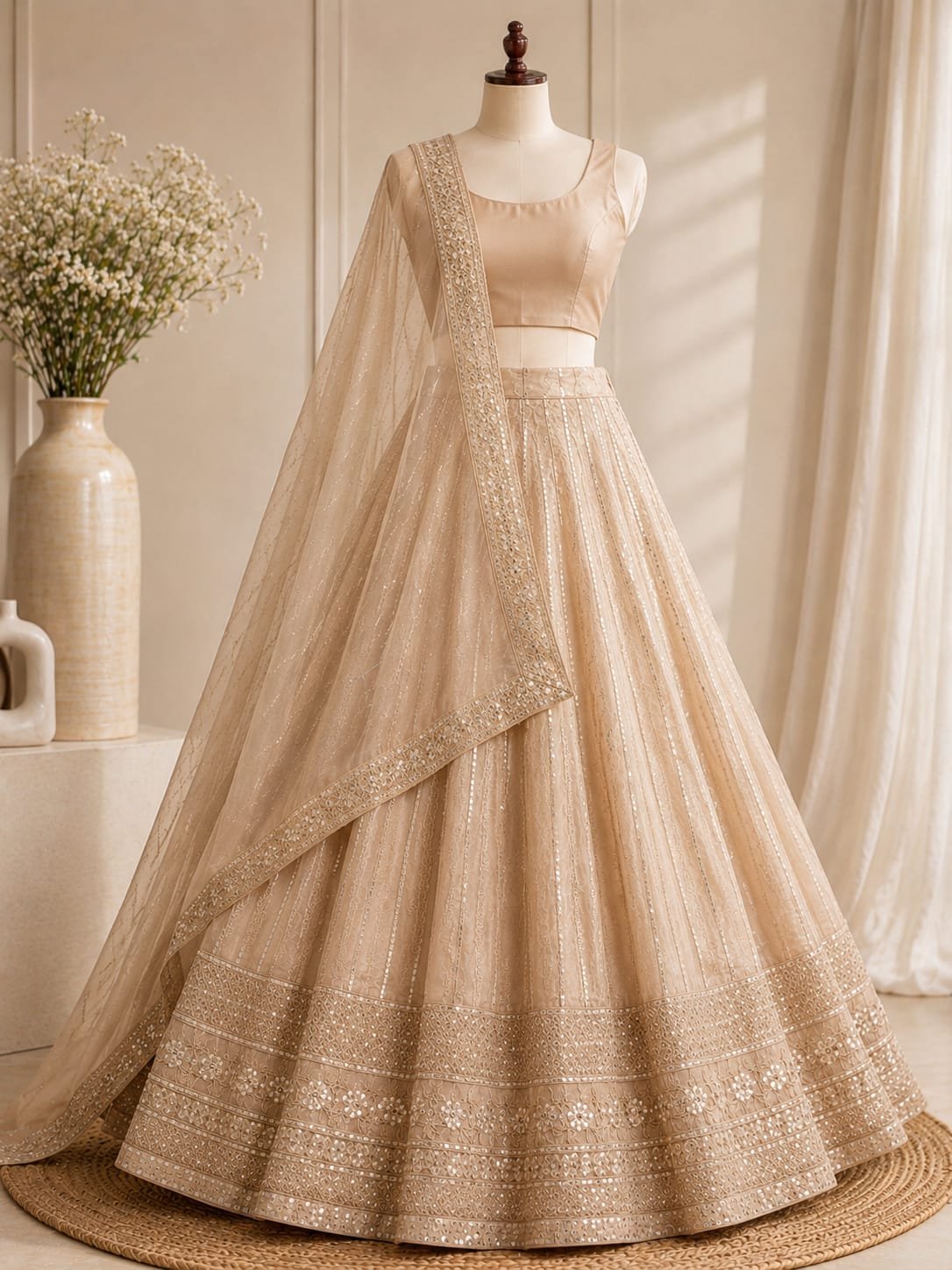 Luxury Golden Beige Sequins Embroidered Lehenga Choli Set with Net Dupatta – Wedding, Reception & Festive Wear