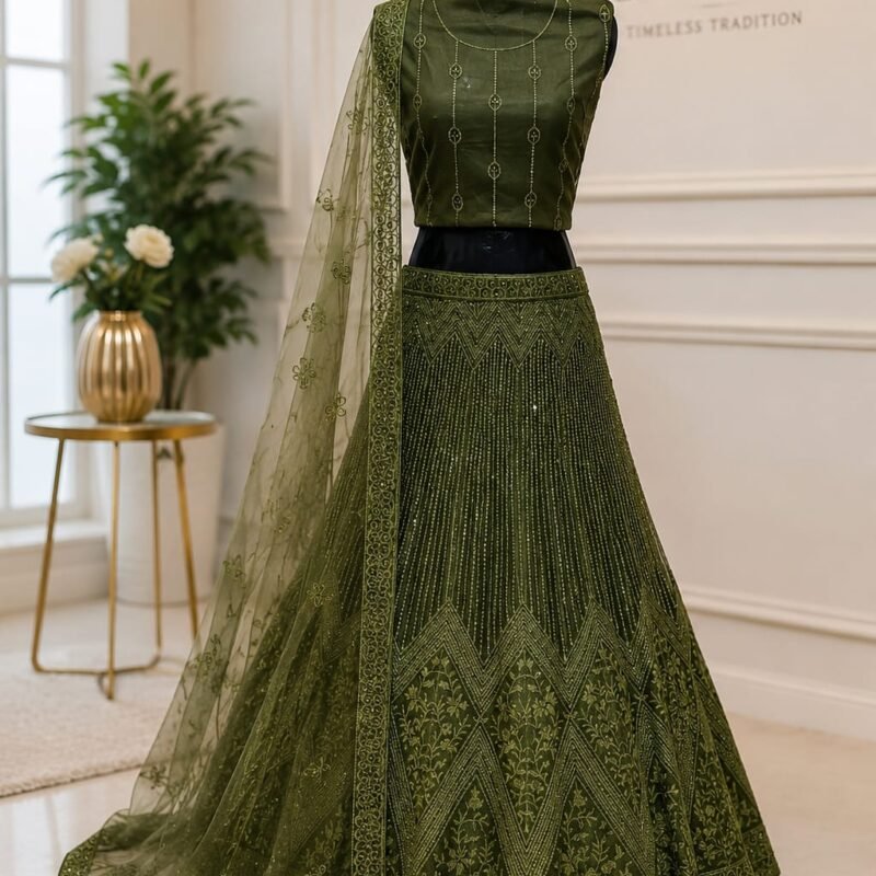 Olive Green Sequined Embellished Lehenga Set with Embroidered Net Dupatta - Image 4