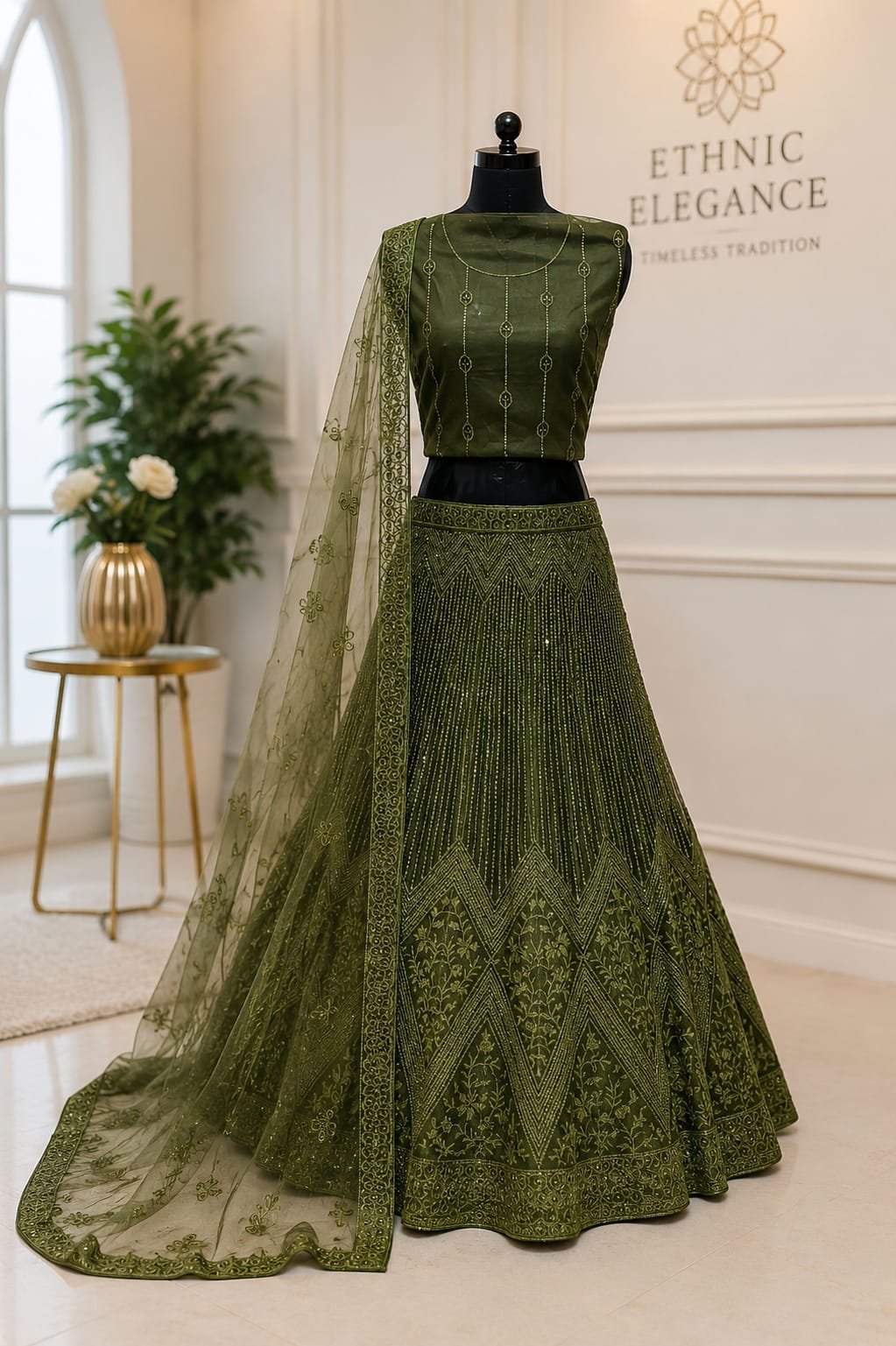 Olive Green Sequined Embellished Lehenga Set with Embroidered Net Dupatta - Image 4