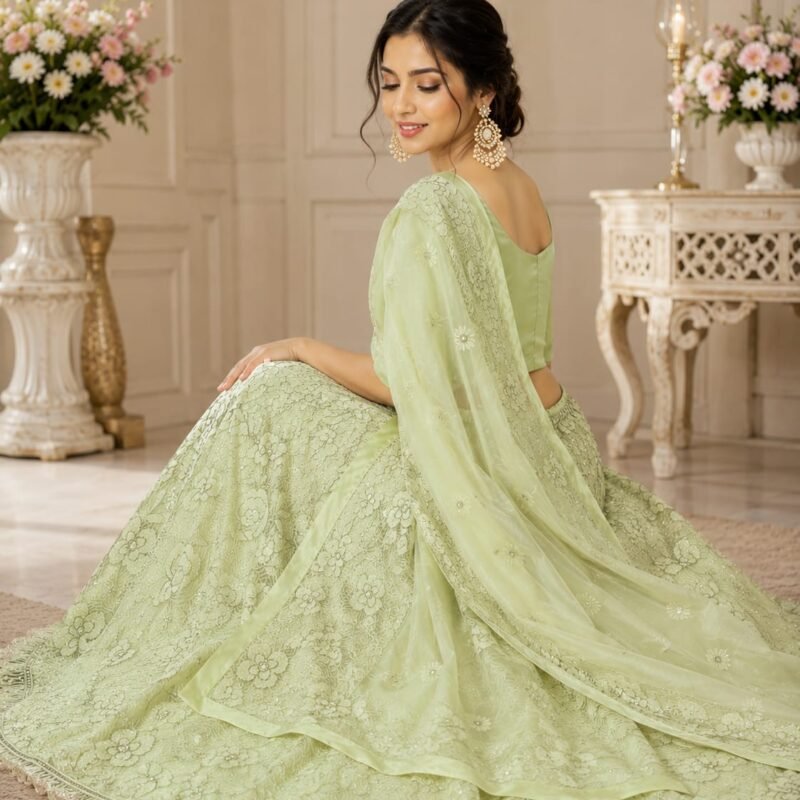 Pastel Pistachio Green Floral Embroidered Organza Lehenga Choli Set with Dupatta | Designer Wedding & Festive Wear for Women - Image 3