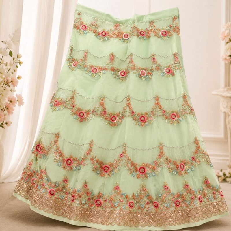 Designer Pista Green Floral Embroidered Lehenga Choli Set with Net Dupatta. - Image 4