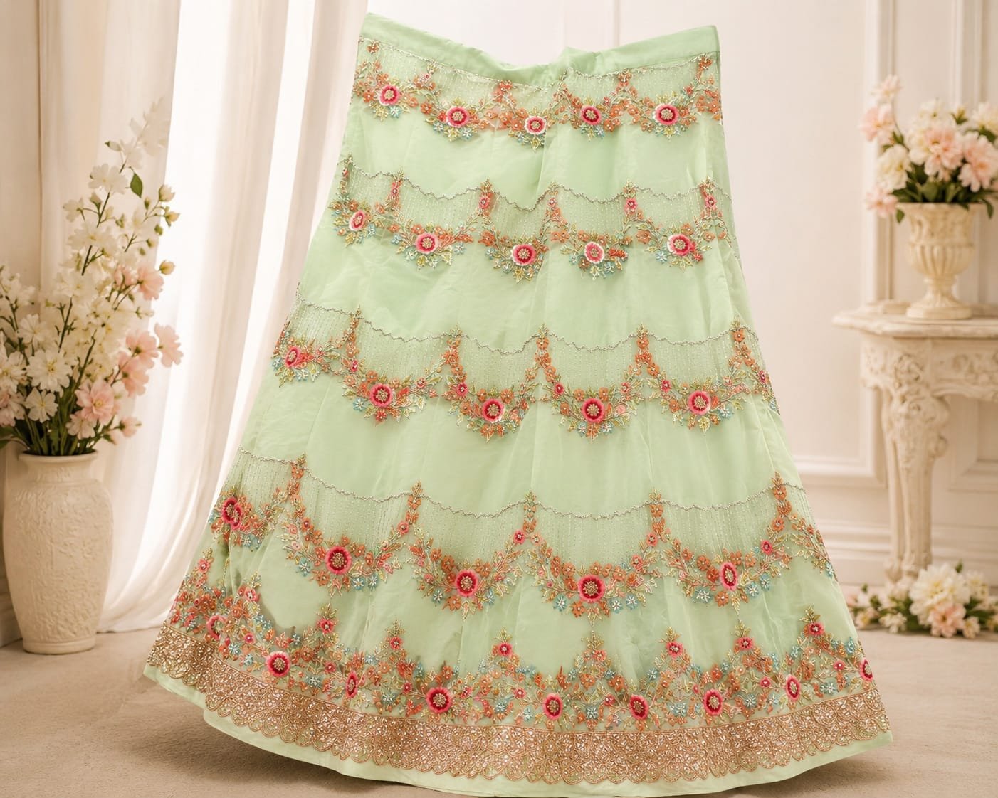 Designer Pista Green Floral Embroidered Lehenga Choli Set with Net Dupatta. - Image 4