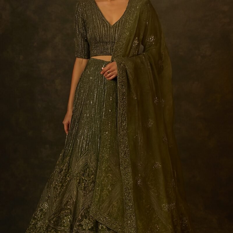 Olive Green Sequined Embellished Lehenga Set with Embroidered Net Dupatta