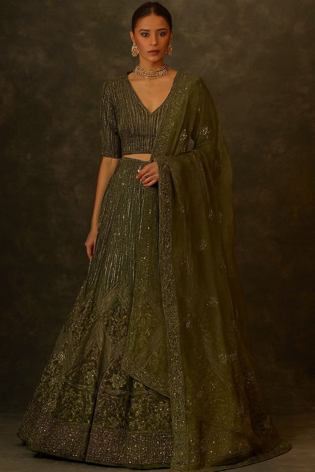 Olive Green Sequined Embellished Lehenga Set with Embroidered Net Dupatta