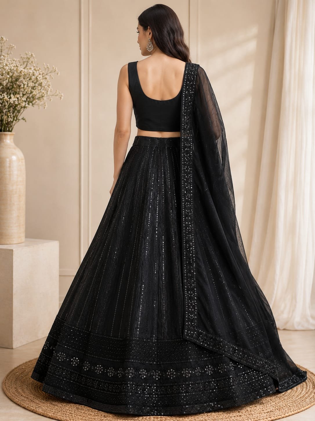 Elegant Black Sequins Embroidered Lehenga Choli Set with Designer Net Dupatta | Women's Wedding, Party & Festive Wear - Image 2