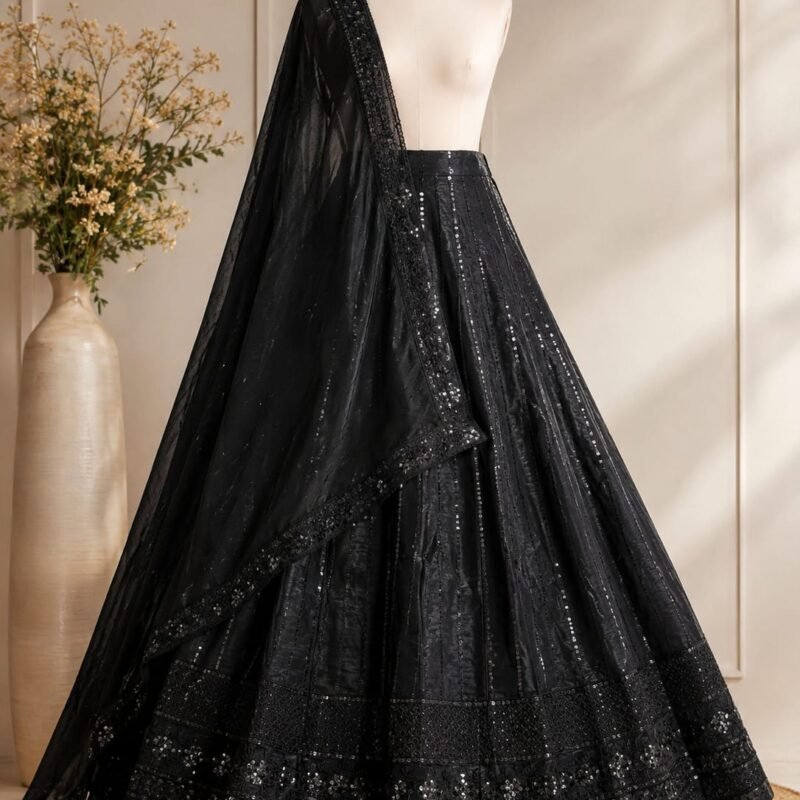 Elegant Black Sequins Embroidered Lehenga Choli Set with Designer Net Dupatta | Women's Wedding, Party & Festive Wear - Image 3