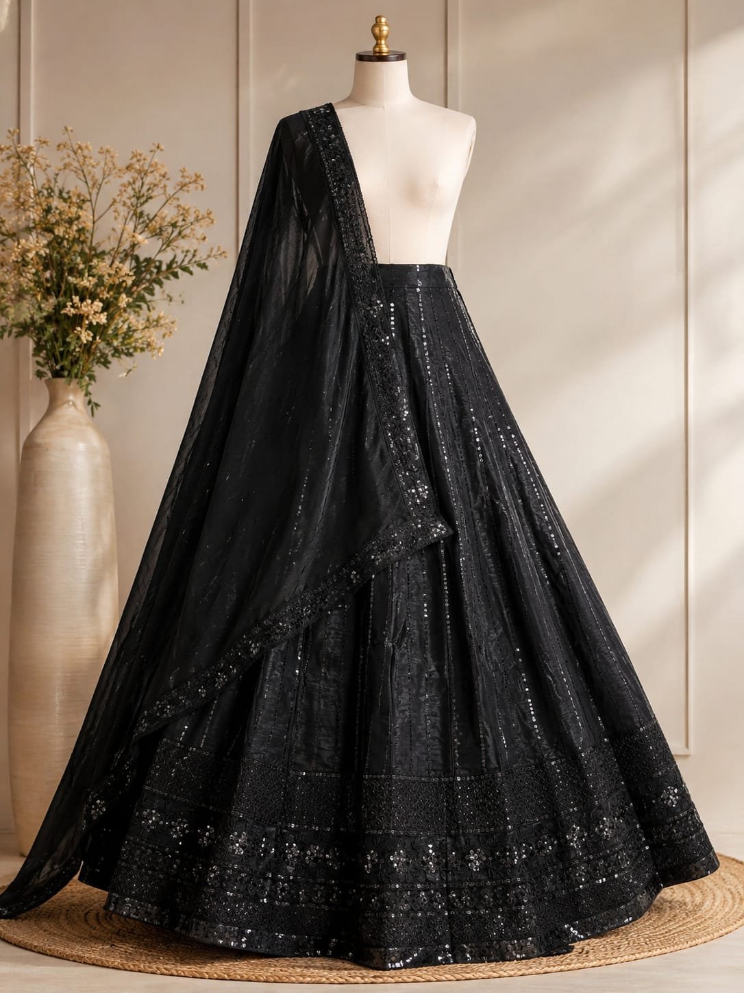 Elegant Black Sequins Embroidered Lehenga Choli Set with Designer Net Dupatta | Women's Wedding, Party & Festive Wear - Image 3