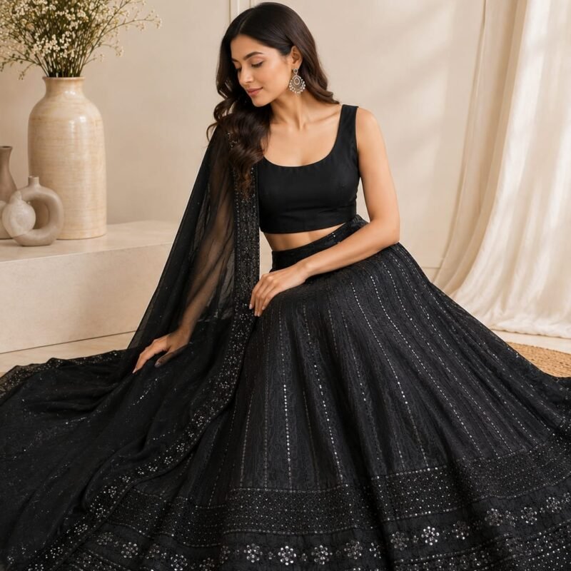 Elegant Black Sequins Embroidered Lehenga Choli Set with Designer Net Dupatta | Women's Wedding, Party & Festive Wear - Image 4