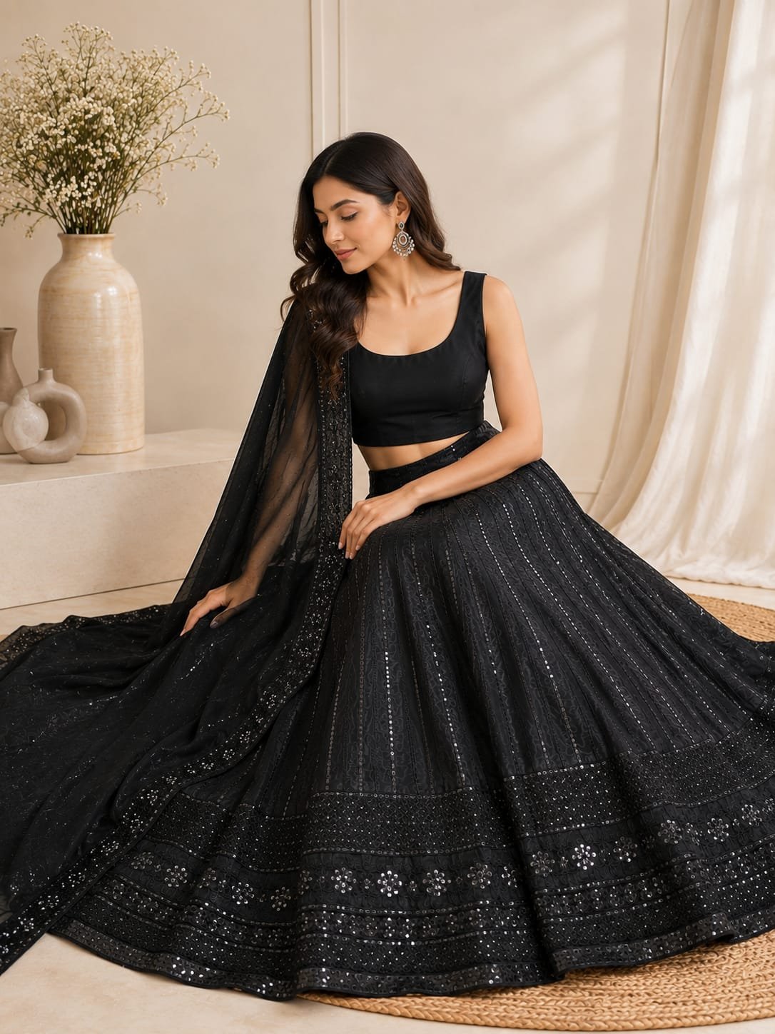Elegant Black Sequins Embroidered Lehenga Choli Set with Designer Net Dupatta | Women's Wedding, Party & Festive Wear - Image 4