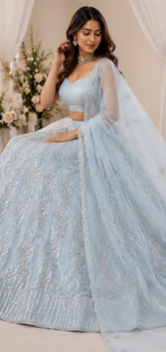 Sky Blue Premium Sequins & Thread Embroidered Lehenga Choli with Soft Net Dupatta | Wedding, Reception & Party Wear