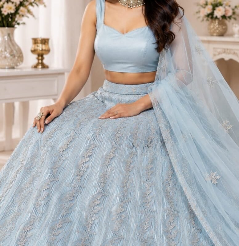 Sky Blue Premium Sequins & Thread Embroidered Lehenga Choli with Soft Net Dupatta | Wedding, Reception & Party Wear - Image 4