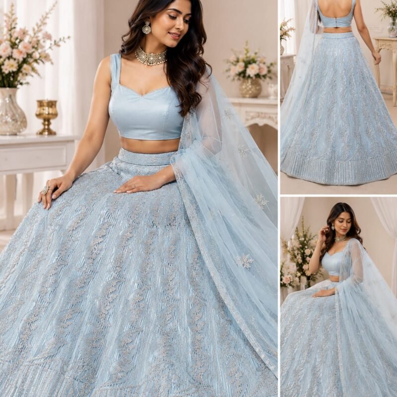 Sky Blue Premium Sequins & Thread Embroidered Lehenga Choli with Soft Net Dupatta | Wedding, Reception & Party Wear - Image 3