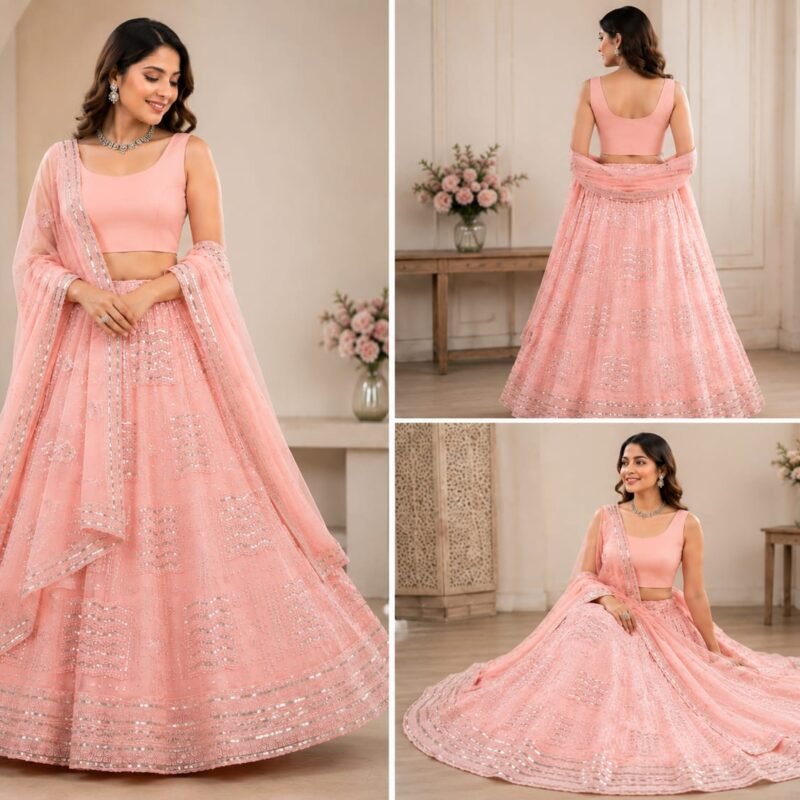 Blush Pink Sequins Embroidered Georgette Lehenga Choli Set with Matching Dupatta – Wedding & Festive Wear - Image 4