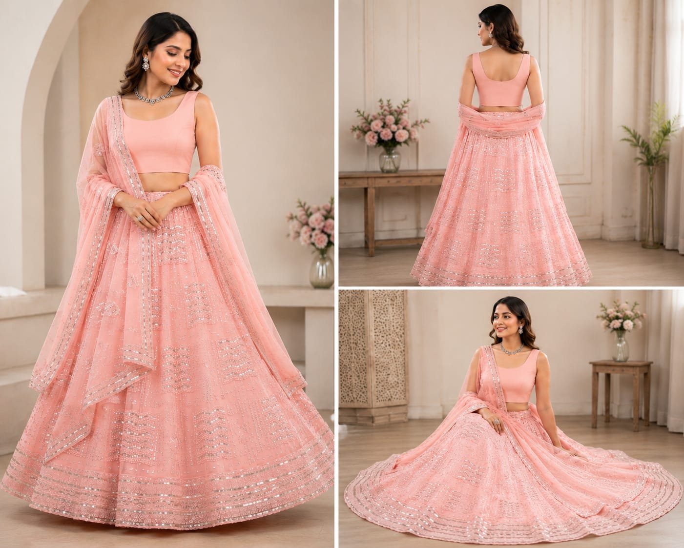 Blush Pink Sequins Embroidered Georgette Lehenga Choli Set with Matching Dupatta – Wedding & Festive Wear - Image 4