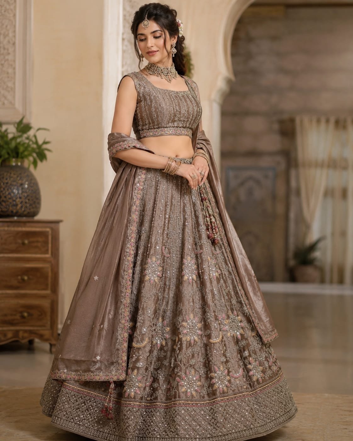 Muted Taupe/Beige Gray Elegance Lehenga Set – Timeless Grace for Every Celebration
