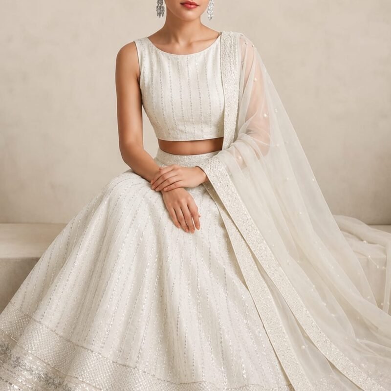 Elegant Ivory White Embroidered Lehenga Choli Set with silk Dupatta – Bridal, Wedding & Festive Wear - Image 5