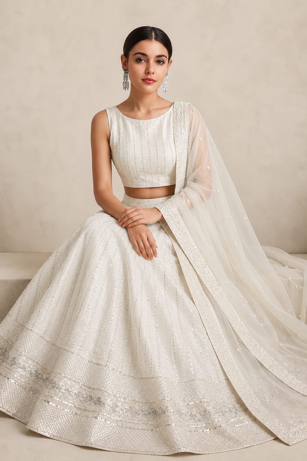 Elegant Ivory White Embroidered Lehenga Choli Set with silk Dupatta – Bridal, Wedding & Festive Wear - Image 5