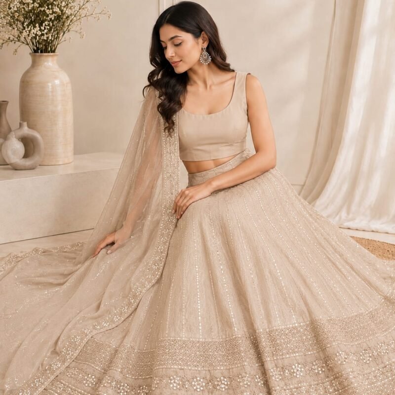 Luxury Golden Beige Sequins Embroidered Lehenga Choli Set with Net Dupatta – Wedding, Reception & Festive Wear - Image 3