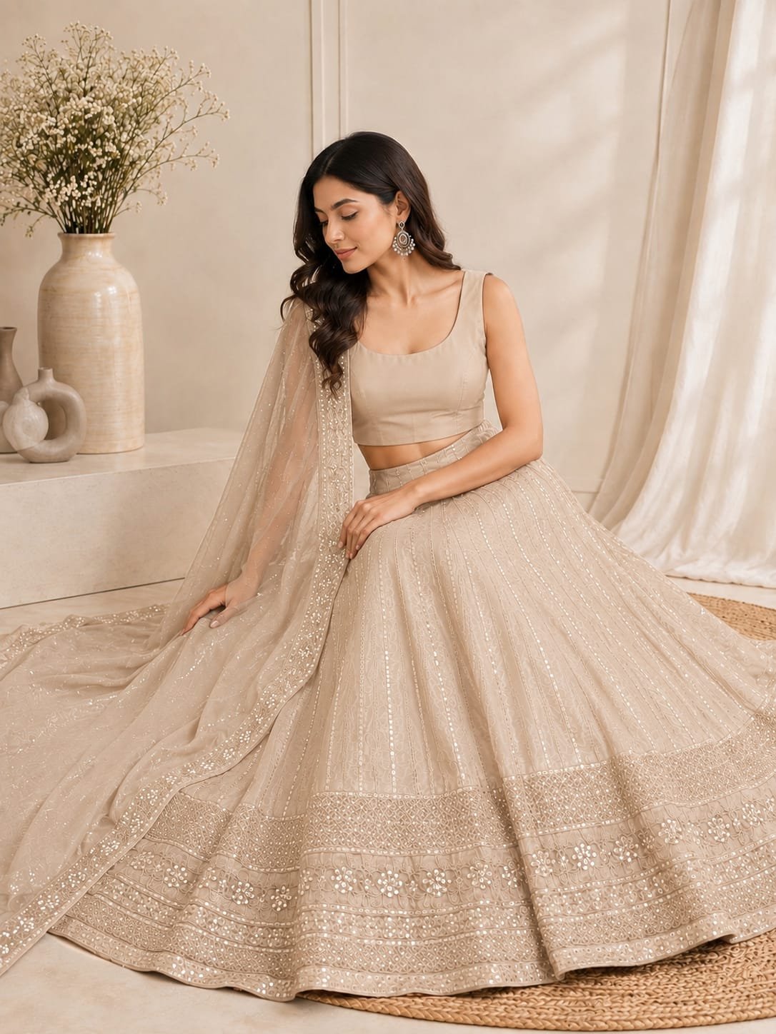 Luxury Golden Beige Sequins Embroidered Lehenga Choli Set with Net Dupatta – Wedding, Reception & Festive Wear - Image 3