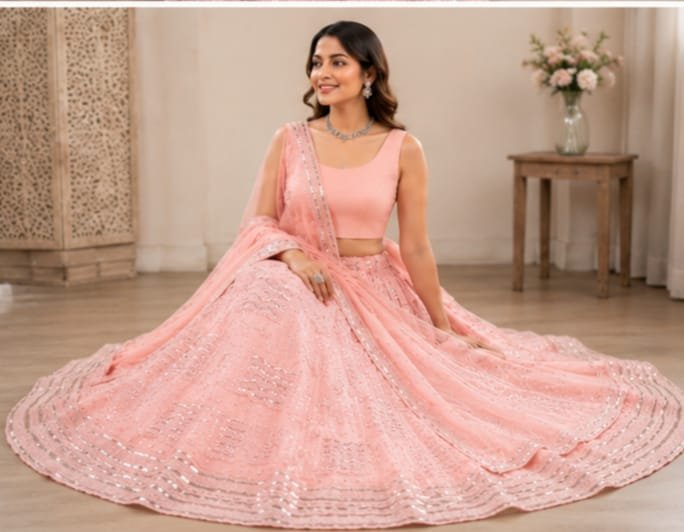 Blush Pink Sequins Embroidered Georgette Lehenga Choli Set with Matching Dupatta – Wedding & Festive Wear - Image 3