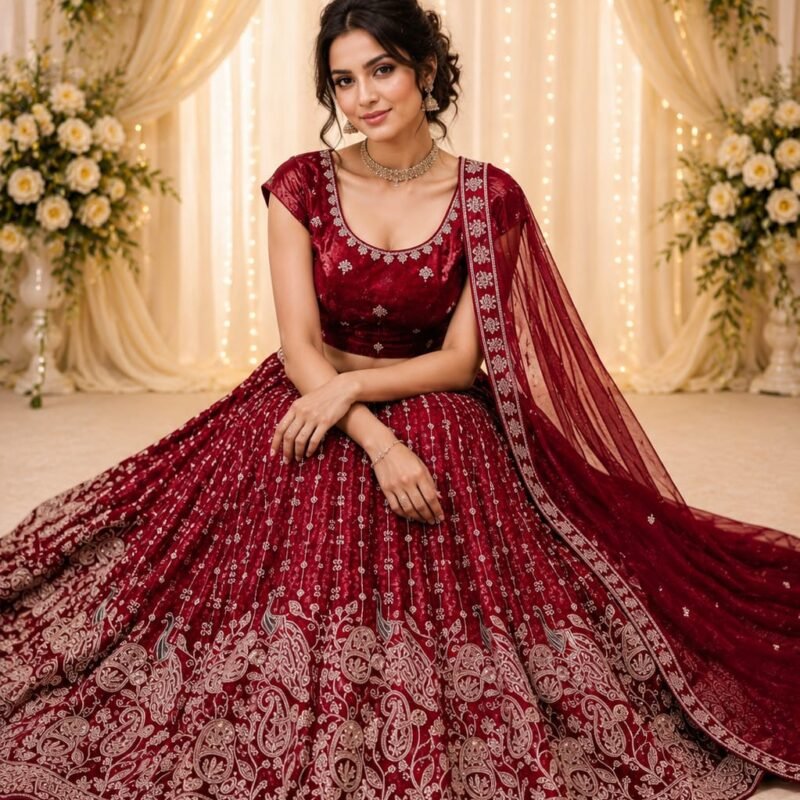Luxury Wine Red Designer Embroidered Lehenga Choli Set with Premium Dupatta | Bridal, Wedding & Festive Collection - Image 4