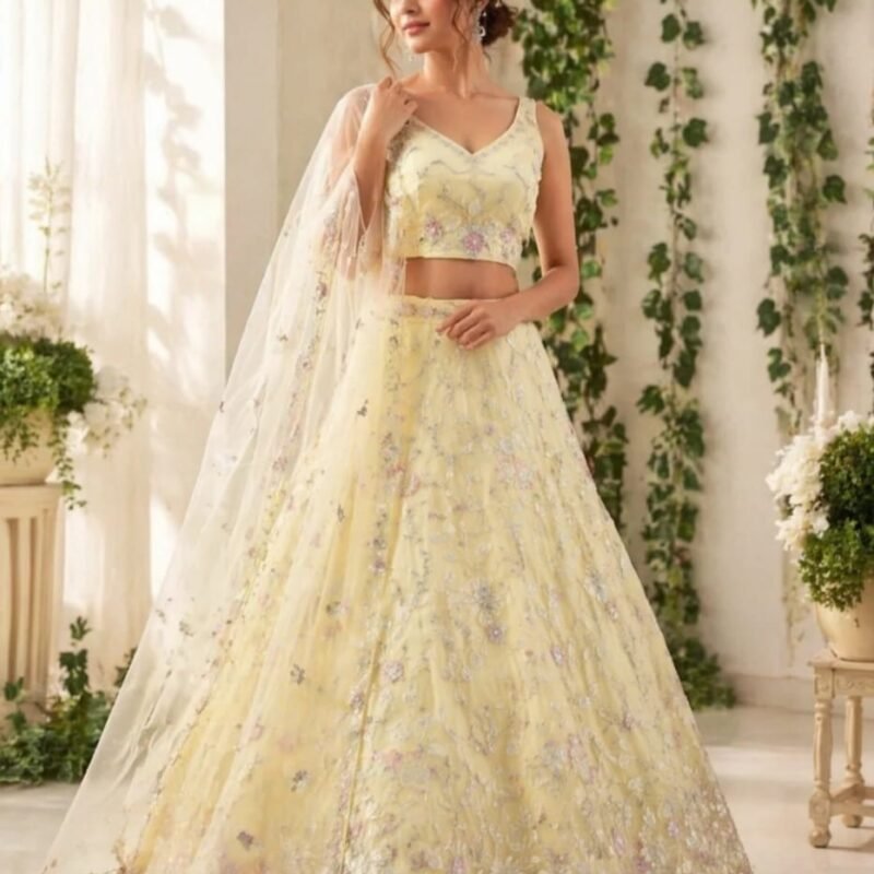 Butter Yellow Floral Embroidered Lehenga Choli