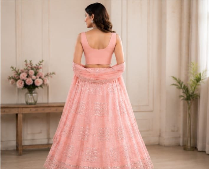 Alternative view of Blush Pink Sequins Embroidered Georgette Lehenga Choli Set with Matching Dupatta – Wedding & Festive Wear
