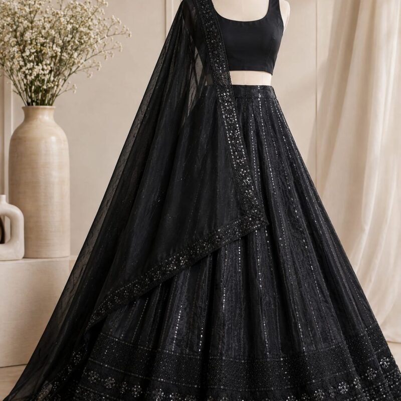 Elegant Black Sequins Embroidered Lehenga Choli Set with Designer Net Dupatta | Women's Wedding, Party & Festive Wear