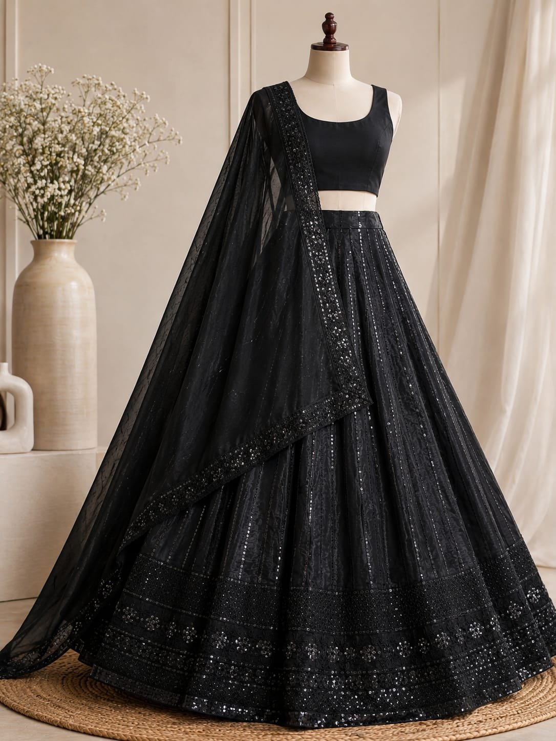 Elegant Black Sequins Embroidered Lehenga Choli Set with Designer Net Dupatta | Women's Wedding, Party & Festive Wear