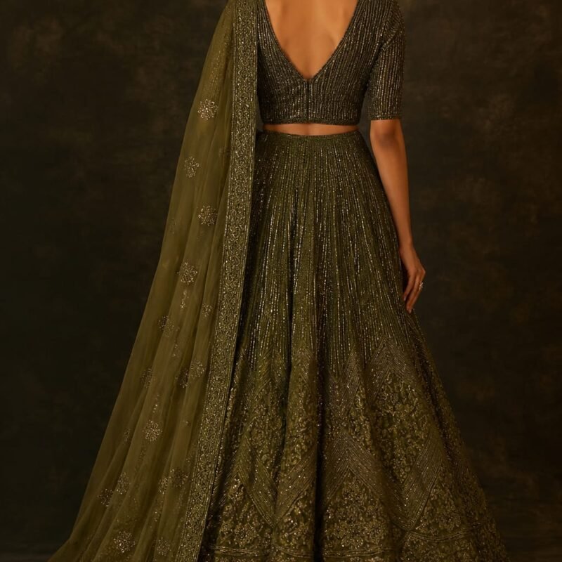 Alternative view of Olive Green Sequined Embellished Lehenga Set with Embroidered Net Dupatta