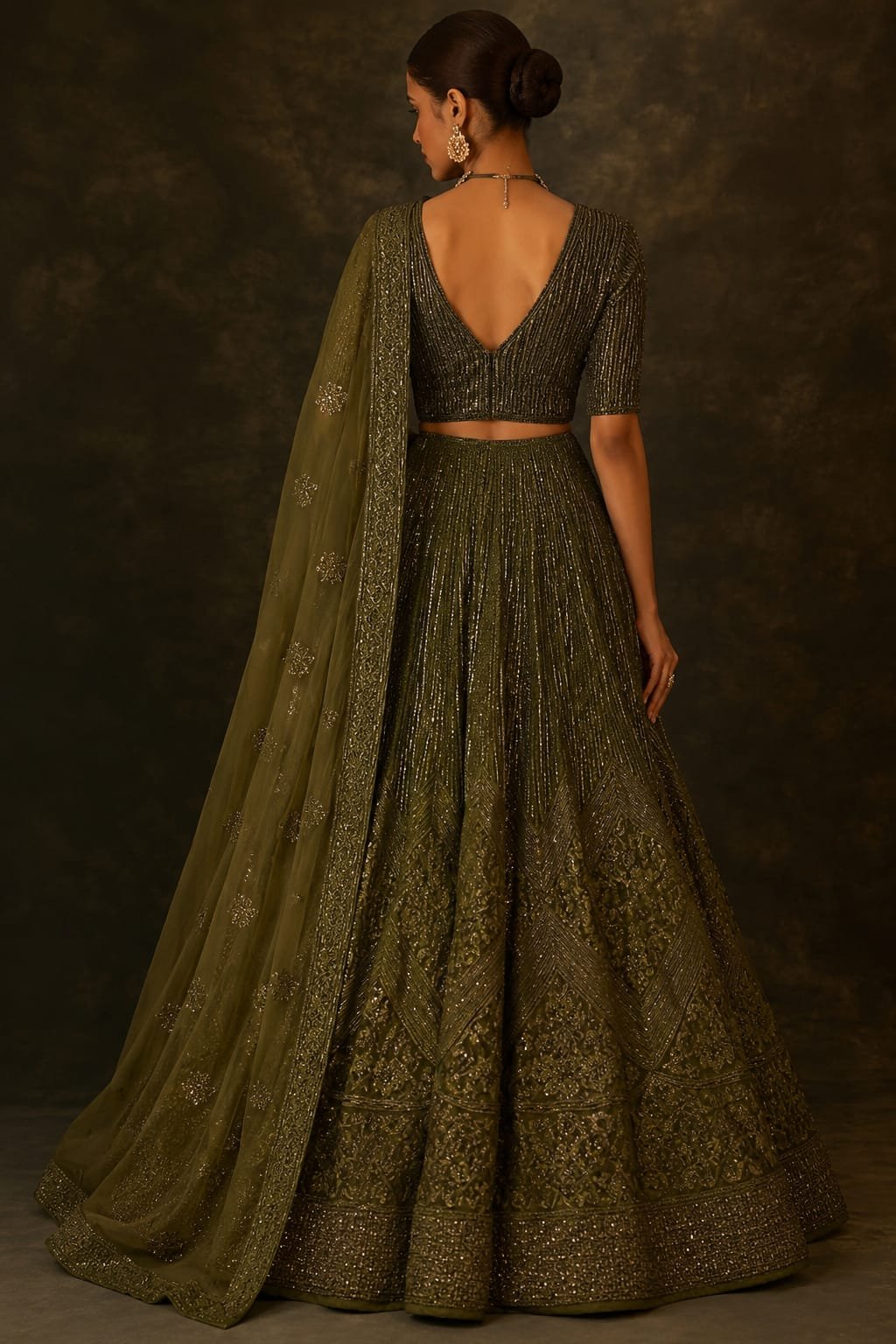 Olive Green Sequined Embellished Lehenga Set with Embroidered Net Dupatta - Image 2